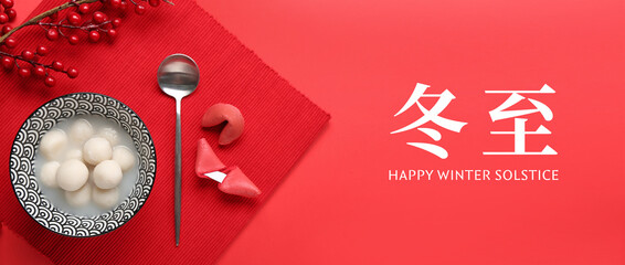Greeting card for Chinese Dongzhi festival (Winetr Solstice) with tasty tangyuan on red background