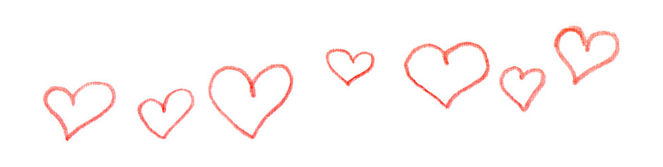 Hand drawn linear red hearts on white