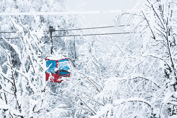 Gondola lift in ski resort in winter forest during snowfall.