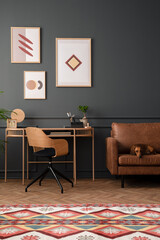 Cozy living room interior with mock up poster frame, brown sofa, wooden desk, modern armchair, patterned rug, books, dog, grey wall, herringbone floor, and personal accessories. Home decor. Template.