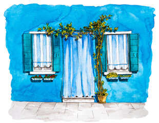 Watercolor painting of blue facade of the house with door, window and decorative tree.