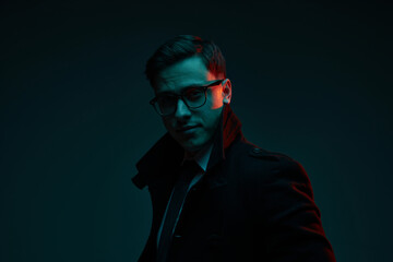 Studio shot of serious young 30s years old man in classic style clothes posing isolated over dark background in neon light. Fashion, style, emotions concept