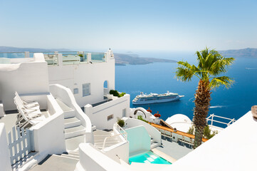 White architecture on Santorini island, Greece. Summer landscape, sea view.