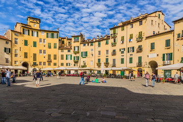 Lucca, Italy. Piazza dell'Anfiteatro - rebuilt ancient Roman amphitheater