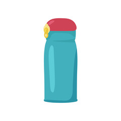 Blue reusable water bottle with red lid vector illustration. Eco-friendly container with drink for lunch at school or office isolated on white background. Lunch break, beverage, accessories concept