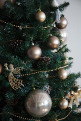 Christmas and New Year Decoration on Christmas tree on white background. Shallow DOF