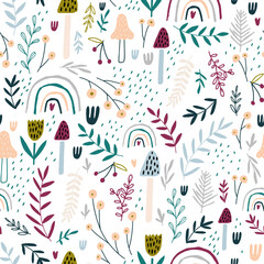 Fototapeta na wymiar Seamless hight detailed botanical pattern with rainbows, flowers, leaves. Floral white texture for fabric, textile, digital papers. Vector illustration
