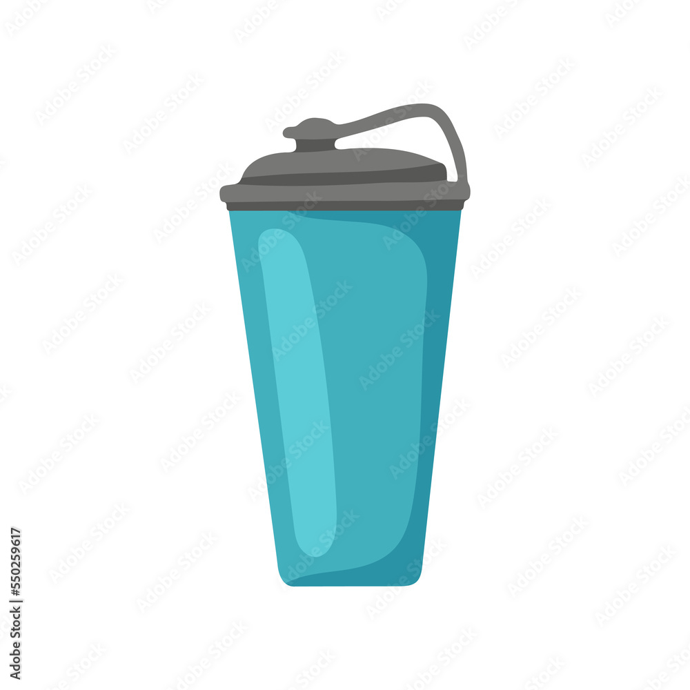 Sticker Blue reusable cup or bottle for water vector illustration. Eco-friendly container with drink for lunch at school or office isolated on white background. Lunch break, beverage, accessories concept