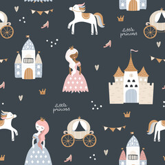 Childish seamless pattern with princess, castle, carriage in scandinavian style. Creative vector childish navy background for fabric, textile © solodkayamari