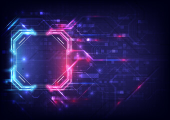 Abstract hardware and software background. Circuit board, Chip processor, Mainboard and code programmer. Hi-tech computer engineer. Pixels screen and database coding. Blue and pink neon light effect