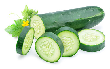 Slicing cucumber and cucumber slices isolated on white background.