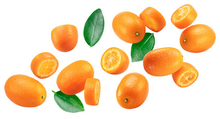 Kumquat fruit and cross cuts of kumquat flying in the air on white background. File contains clipping path.