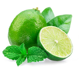 Lime fruit and lime slice with mint leaves isolated on white background.