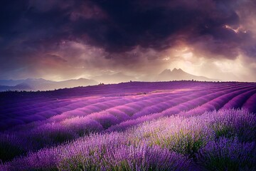 Large landscape, lavender field in alpine mountain.
