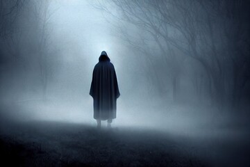 Grim Reaper standing in the fog at night. Photo of personification of death wielding in silhouette - obrazy, fototapety, plakaty