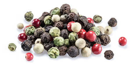 Pile of colorful  peppercorns isolated on white background.