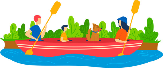 Boat at river nature, cartoon family with child travel by summer lake water, vector illustration. People father mother kid and dog have fun at park
