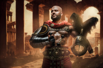 Shot of muscular bald gladiator with beard with two swords on greek ruins.