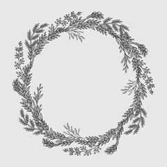 Rustic, delicate round frame vector made of beautiful branches, botanical wreath