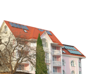 House with solar cells panels on roof in PNG isolated on transparent background