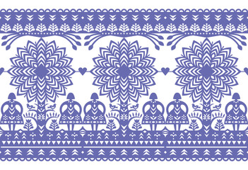 Polish folk art vector long horizontal seamless pattern Wycinanki Kurpiowskie with women in dresses, tree and birds - Kurpie paper cut outs design
