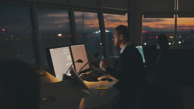 Dispatcher work on computer in Center for Organization of Road Traffic. Realtime