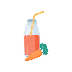 Fresh carrot smoothie or juice in bottle isolated on white background. Glass with fruit drink vector illustration. Summer, beverage, diet, detox concept