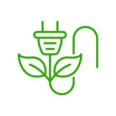 Green Energy Electric Plug with Leaf Line Icon. Renewable Electricity Resource Ecology Linear Pictogram. Eco Power Sustainable Technology Outline Icon. Editable Stroke. Isolated Vector Illustration