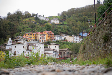 Fototapeta na wymiar City between the mountains surrounded by trees and nature, colored houses