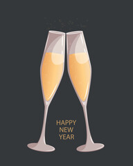 Merry Christmas and Happy New Year.Two glasses of champagne on a dark background.Vector illustration.