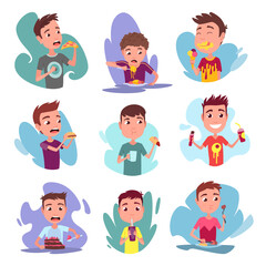 Kids having breakfast or lunch meals. Boys eating, drinking diverse food, drinks. Smiling children enjoy various dishes. Eating habits nutrition set