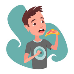 Kid having breakfast or lunch meal. Boy eating food. Children enjoy dishes. Eating habits nutrition