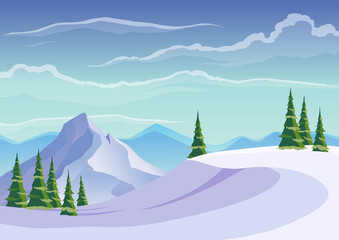 Fototapeta premium Landscape of ski resort. Blue mountains winter snowy landscape with snows and pine forest on foreground. Mountain peaks and traveling background
