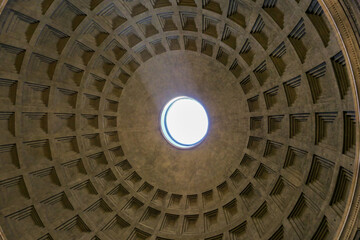 View from inside the pantheon: the sunlight passes through the "oculus" in its dome.