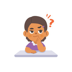 a black girl in doubt or have a question on the desk, illustration cartoon character vector design on white background. kid and education concept.
