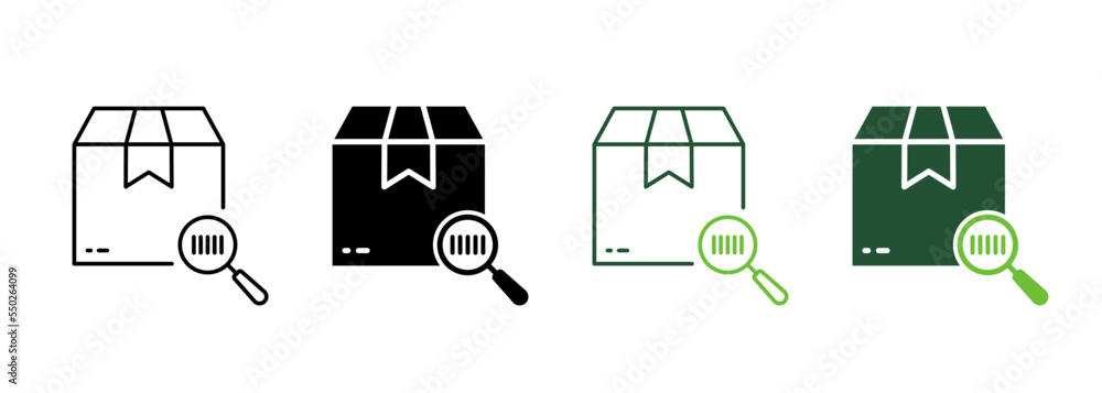 Poster barcode on parcel box with magnifier scanner silhouette and line icon. search product bar code on ca