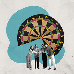 Contemporary art collage. Creative design. Group of young people playing he dart game. Aiming at...
