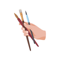 Hand holding paintbrushes vector illustration. Hand of painter isolated on white background. Art, education, stationery, creativity concept