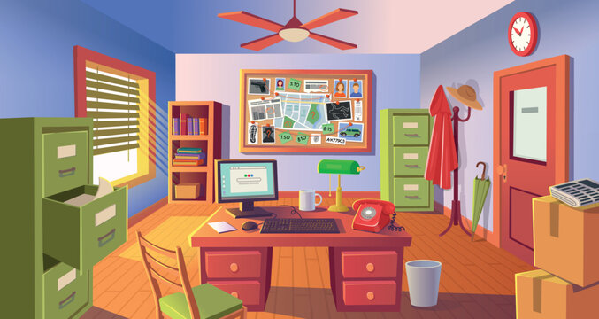 Detective room. Police office with evidence board. Investigations room with desk, board with evidence, computer, retro phone and shelf. Vector illustration in cartoon style.