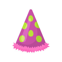 Purple party hat for holidays or events vector illustration. Cone as headwear, basic geometric shape for kindergarten or school children. Birthday, celebration, education, geometry concept for kids