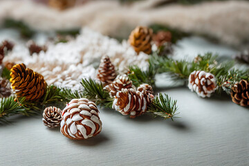 Christmas composition. Christmas gift, knitted blanket, pine cones, fir branches on a wooden white background