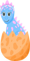 Blue newborn dino in hatched egg. Vector cartoon illustration