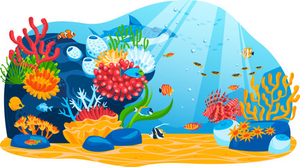 Sea nature, marine ocean tropical underwater wildlife, vector illustration. Fish in summer water, animal at drawing coral background.
