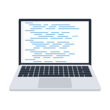 Web developer, design, programming. Laptop screen code. Vector.