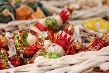 Christmas toys In baskets at the fair. 