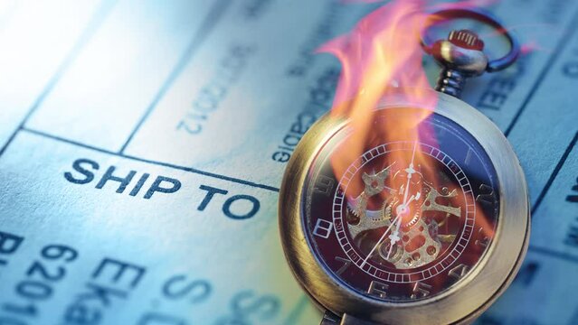 Burning pocket watch on post envelope label 