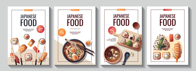 Set of flyers with Sushi, Miso soup, ramen, onigiri. Japanese food, healthy eating, cooking, menu concept. Vector illustration. Banner, promo, flyer, advertising.