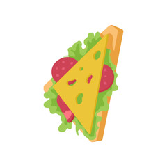 Sandwich with cheese, salami and lettuce vector illustration. Cartoon drawing of fast food meal for lunch at school or office on white background. Lunch break, food, diet concept