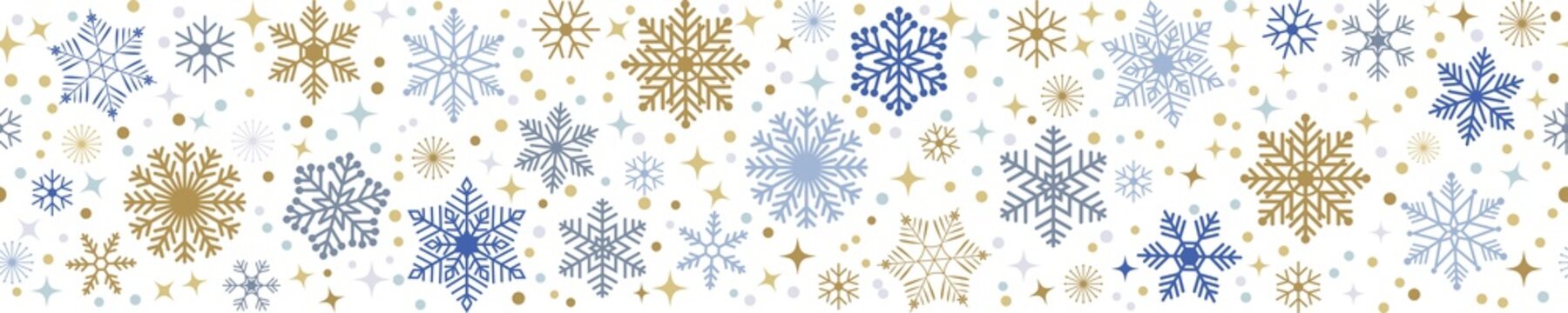Christmas and Happy New Year snowflake seamless border, festive ornate style repeat backdrop with blue and gold snowflake and star confetti isolated on transparent background,png, illustration