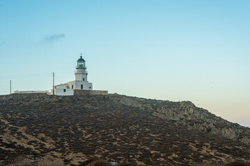 Fototapeta na wymiar Armenistis Lighthouse, in Mykonos, Aegean Sea, Greece.